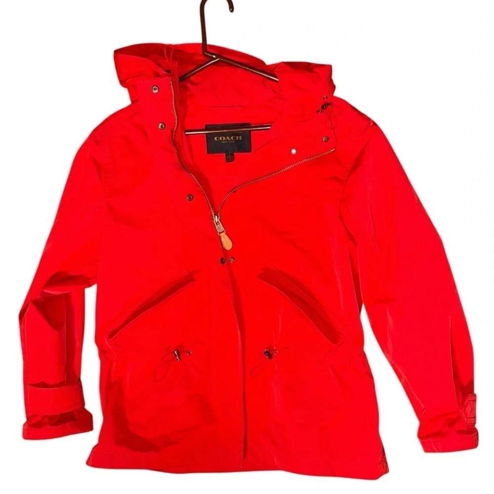 Coach Red Utility Anorak Jacket Hooded Lightweight Designer Leather Trim Size S